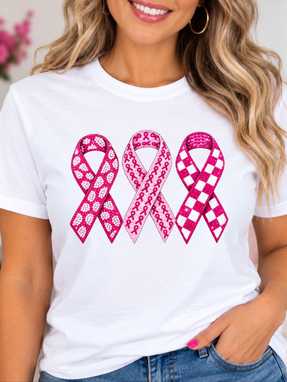 Breast Cancer Awareness Pink Ribbon Graphic Short Sleeve Tee